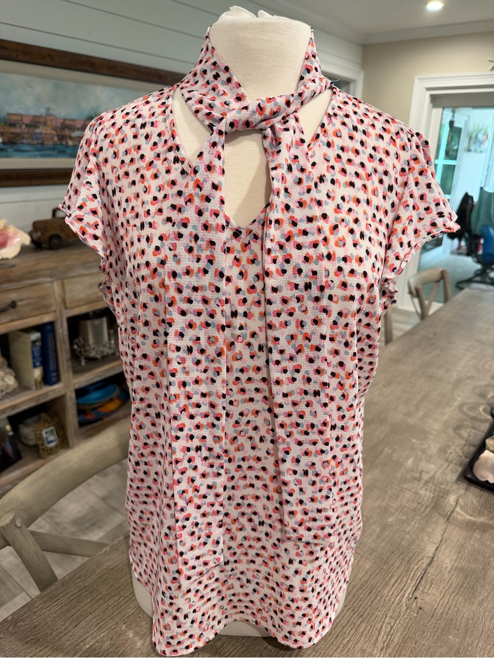 Adrianna Papell Pink Multi-Spot Keyhole Tie-Neck Blouse